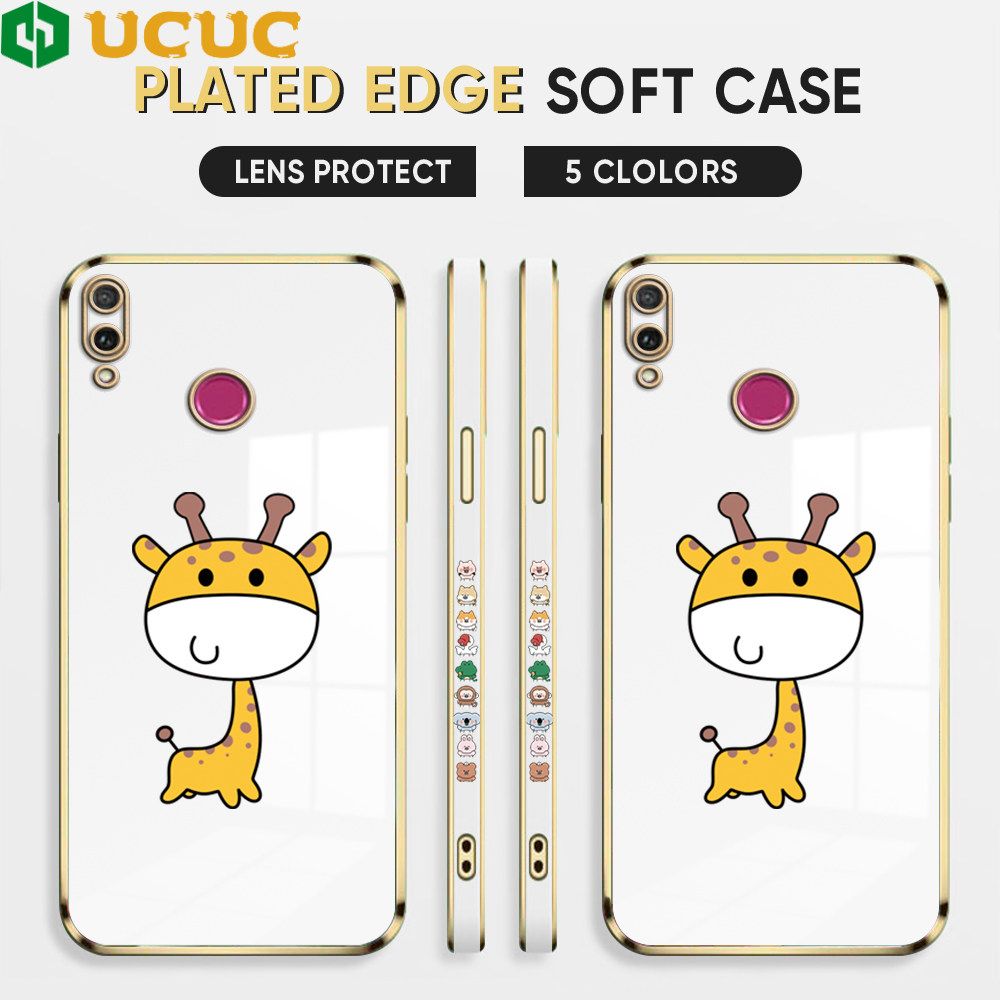 UCUC for Honor Y9 2019 Back Cover + Free Lanyard Big Head Giraffe Luxury 6D Plating Case Side Pattern Soft Silicone Square Phone Cases