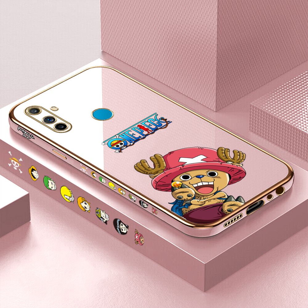 Luxury 6D Plating Case for Realme C3 Cute Choba Side Pattern Back Cover Soft Silicone Square Phone Cases + Free Lanyard