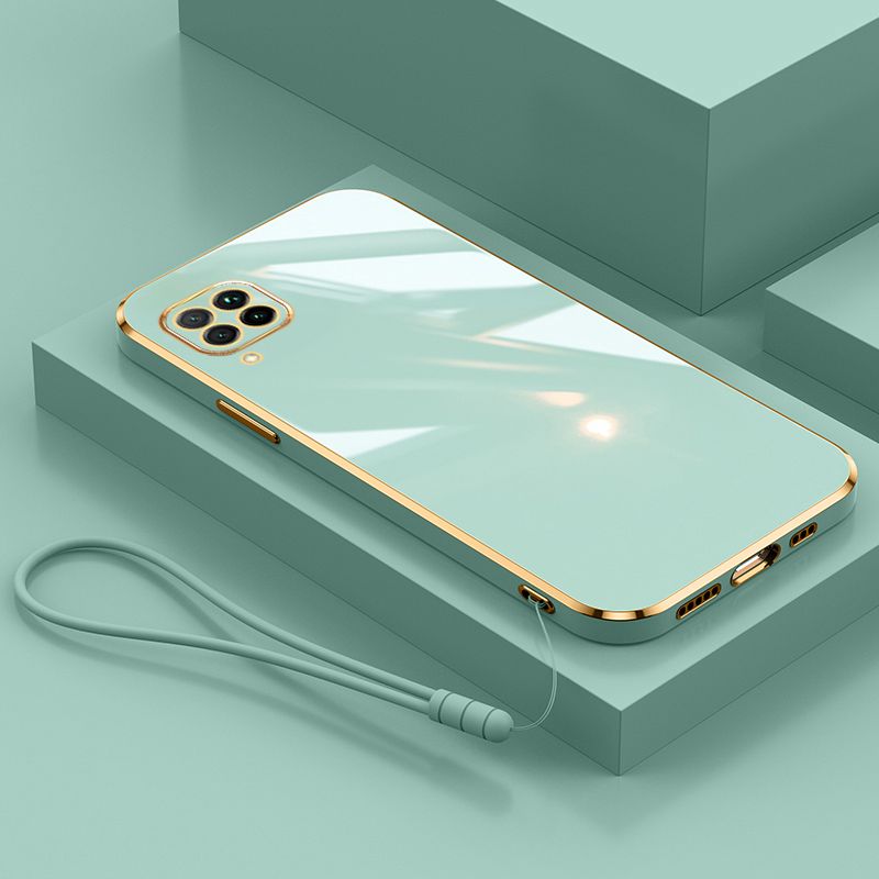 For Samsung Galaxy A12 Cover with Wrist Strap Fashion Shiny Plating Square Bumper Girls Phone Case Soft TPU Silicone Shockproof Protective Back Cover