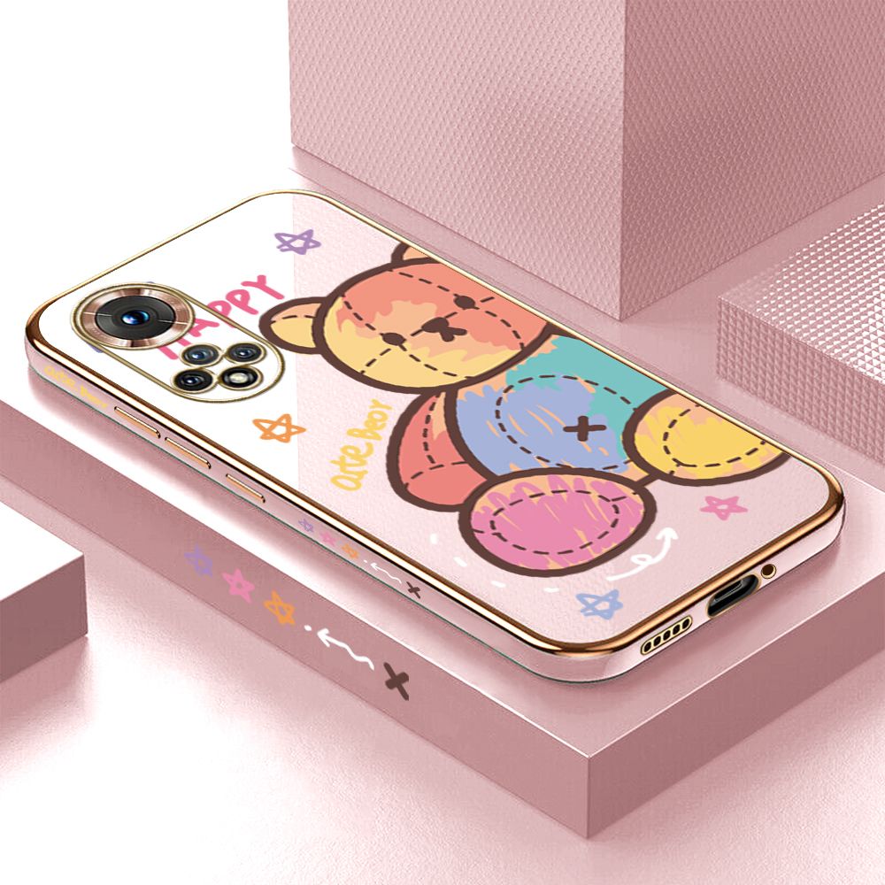 Luxury 6D Plating Case for Honor 50 Color Cartoon Doll Bear Side Pattern Back Cover Soft Silicone Square Frame Shiny Bling Phone Cases + Free Lanyard
