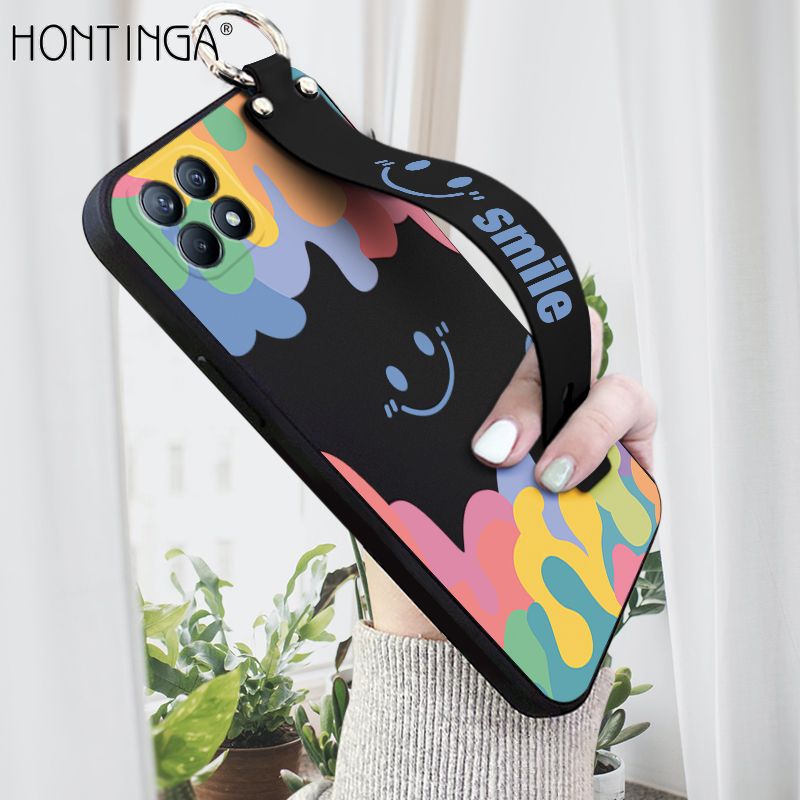 Hontinga for OPPO Reno4 SE 5G Wrist Strap Case Soft Candy Color Splash Ink Cover Trend Square Printed Pattern Liquid Silicone Phone Case