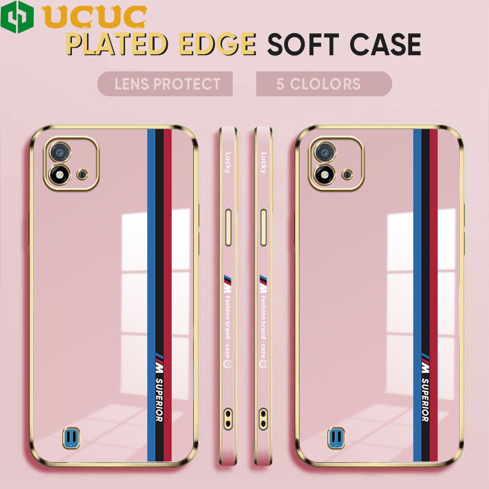 UCUC for Realme C20 / Realme C20A / Realme C11 2021 Back Cover + Free Lanyard Track Sign Luxury 6D Plating Case Side Pattern Soft Silicone Square Phone Cases