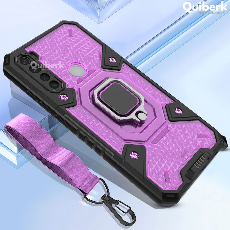 Quiberk for Xiaomi Redmi Note 8 Case With Free Lanyard Space Capsule Honeycomb Transparent Shockproof Ring Stand Protective Back Cover