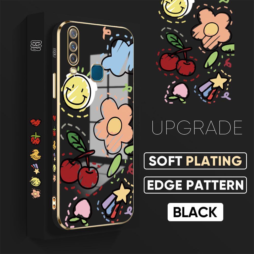 TA for Vivo Y17 Y15 Y12 Back Cover + Free Lanyard Colorful Fruit Painting Luxury 6D Plating Case Side Pattern Soft Silicone Square Phone Cases