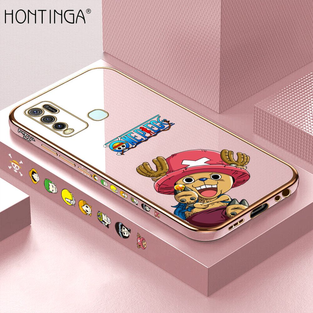 Hontinga for Vivo Y50 Y30 Y30i Back Cover + Free Lanyard Luxury 6D Plating Cute Cartoon Choba Side Pattern Case Soft Silicone Square Mobile Cover