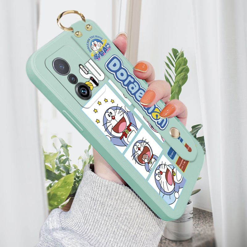 ZeroQiQi for Xiaomi 11T Wrist Strap Case Cute Cute Cartoon Blue Cat Daily Life Cover Square Edge Liquid Silicone Creative Phone Protective Cases