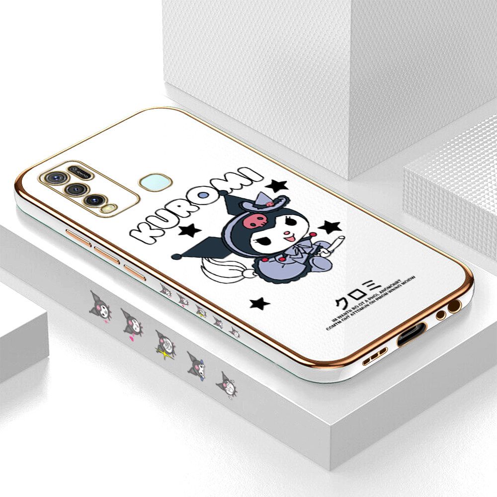 Luxury 6D Plating Soft Casing Silicone Square Frame Phone Case For Vivo Y50 Case Shiny Bling Back Cover Cartoon Anime Character Cute Square Edge Pattern Design Soft Case + Free Lanyard