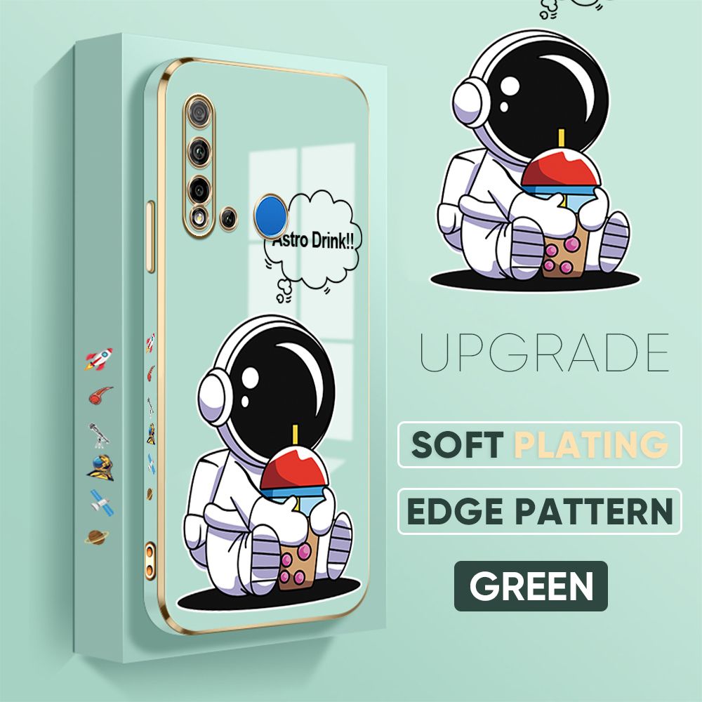 Jizetin (Free Lanyard) Huawei P20 Lite 2019 Cover Drink Astronaut Luxury 6D Plating Soft Casing Silicone Square Frame Phone Case Shiny Bling Back Cover