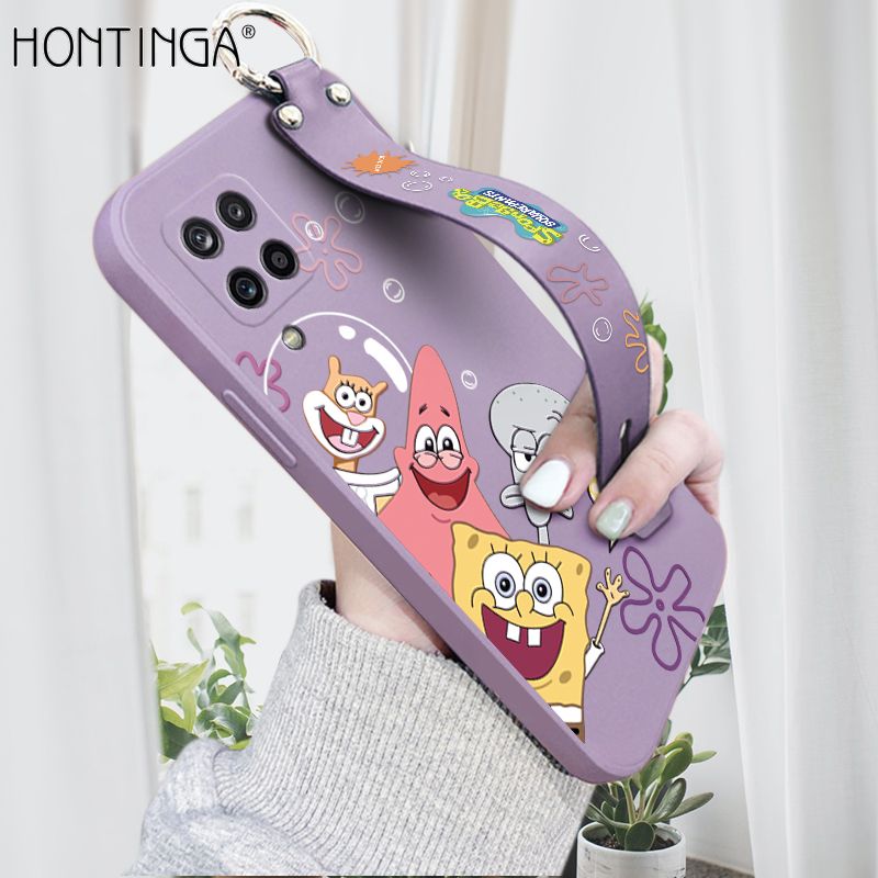Hontinga for Samsung Galaxy A12 4G / 5G  M12 Wrist Strap Case Cute Cute Funny Cartoon Sponge for Square Pants Cover Square Edge Liquid Silicone Anti-drop Phone Case