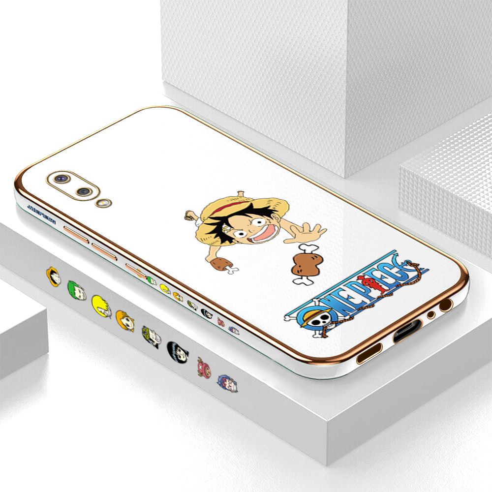 Luxury 6D Plating Case for Samsung M02 A02 Cartoon Meaty Luffy Side Pattern Back Cover Soft Silicone Square Phone Cases + Free Lanyard