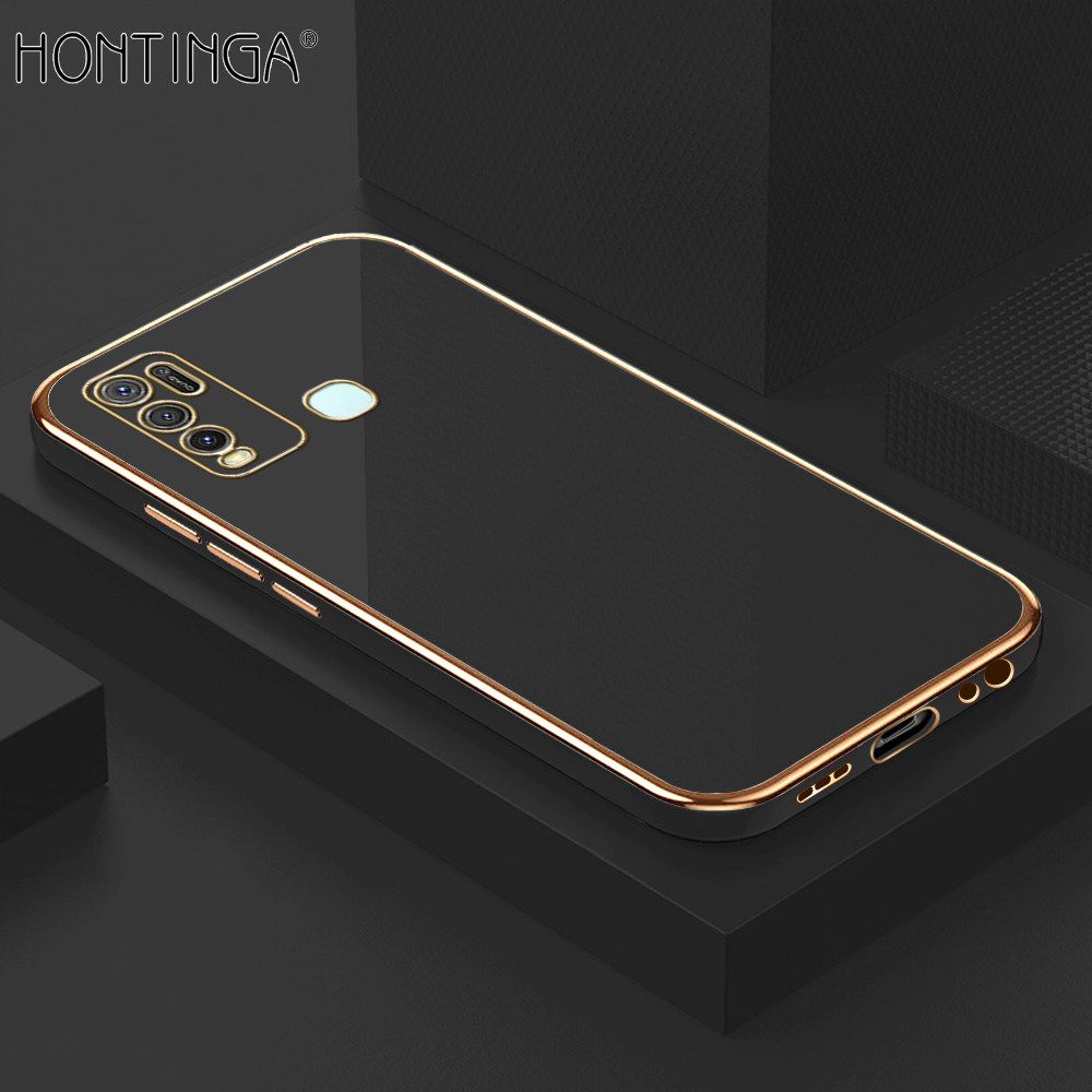 Hontinga for Vivo Y50 Y30 Y30i Back Cover + Free Lanyard Luxury 6D Plating Frame Shiny Bling Case Soft Silicone Square Phone Cases