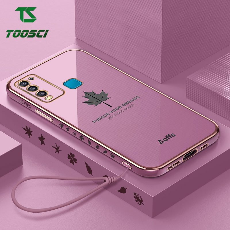 Toosci Maple Leaf Phone Case For VIVO Y50/Y30/Y30i Luxury Chrome Gold Plated Soft TPU Square Case + Lanyard