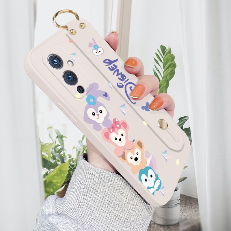 Jizetin for OnePlus 9 Wrist Strap Case Creative Cartoon Cute Bunny Cover Ultra Thin Anti Fall Liquid Silicone Phone Case