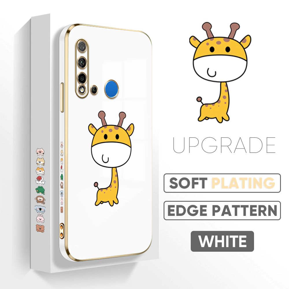 Jizetin (Free Lanyard) Huawei P20 Lite 2019 Cover Big Head Giraffe Luxury 6D Plating Soft Casing Silicone Square Frame Phone Case Shiny Bling Back Cover