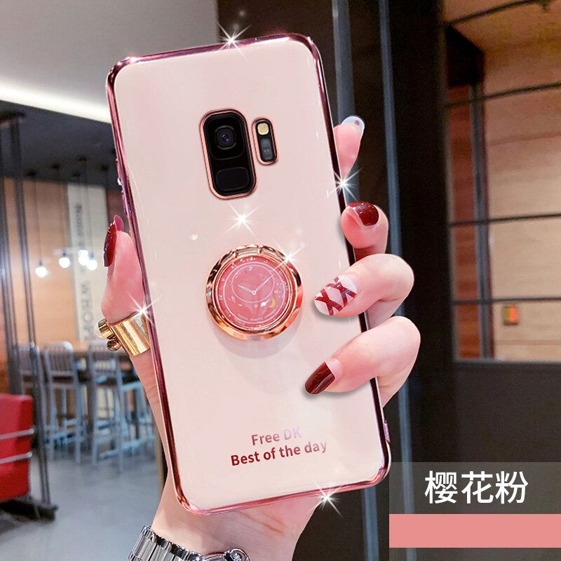 For Samsung Galaxy S9 Cover + Ring Holder Ultra Thin Shiny Plating Bumper Stand Phone Case Soft TPU Silicone Shockproof Protective Back Cover