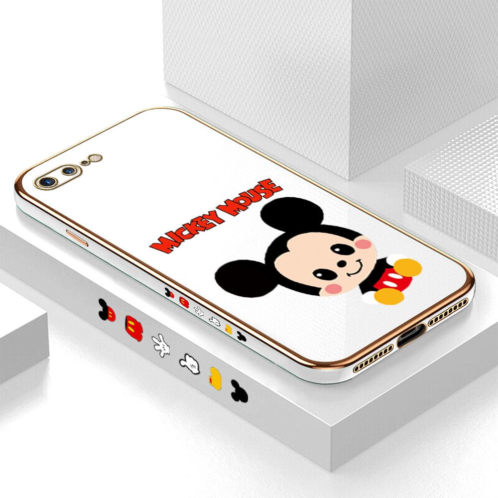 Luxury 6D Plating Case for iPhone 8 Plus Cute Cartoon Mouse Side Pattern Back Cover Soft Silicone Square Frame Shiny Bling Phone Cases + Free Lanyard
