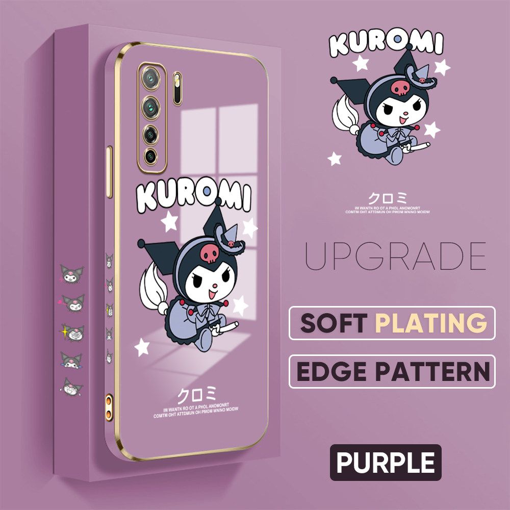 TA for Huawei Nova 7 SE Back Cover + Free Lanyard Cute Kuromi Luxury 6D Plating Case Side Pattern Soft Silicone Square Phone Cases