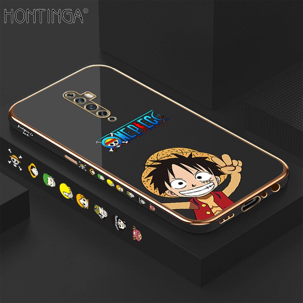 Hontinga for OPPO Reno2 Z / Reno2 F Back Cover + Free Lanyard Luxury 6D Plating Anime Cartoon Happy Luffy Side Pattern Case Soft Silicone Square Mobile Cover