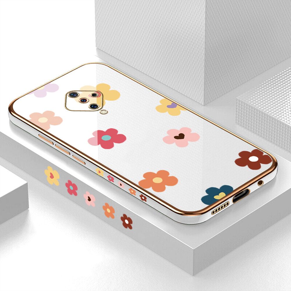 Luxury 6D Plating Case for Vivo S1 Pro Color Cartoon Flowers Side Pattern Back Cover Soft Silicone Square Frame Shiny Bling Phone Cases + Free Lanyard