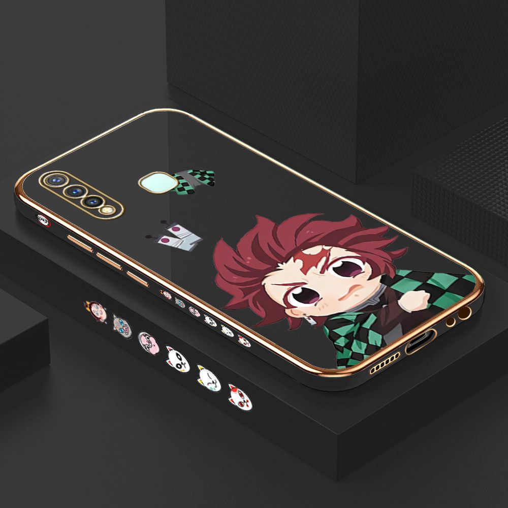 Luxury 6D Plating Case for Vivo Y19 Cartoon Anime Tanjirou Side Pattern Back Cover Soft Silicone Square Frame Shiny Bling Phone Cases + Free Lanyard