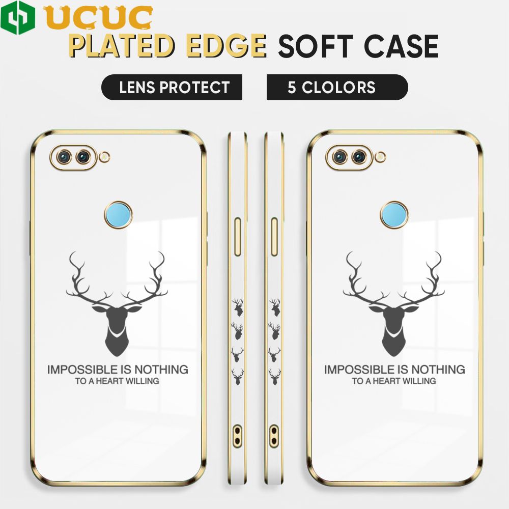 UCUC for OPPO F9 / Realme U1 / Realme 2 Pro Back Cover + Free Lanyard Simple Antlers Luxury 6D Plating Case Side Pattern Soft Silicone Square Phone Cases