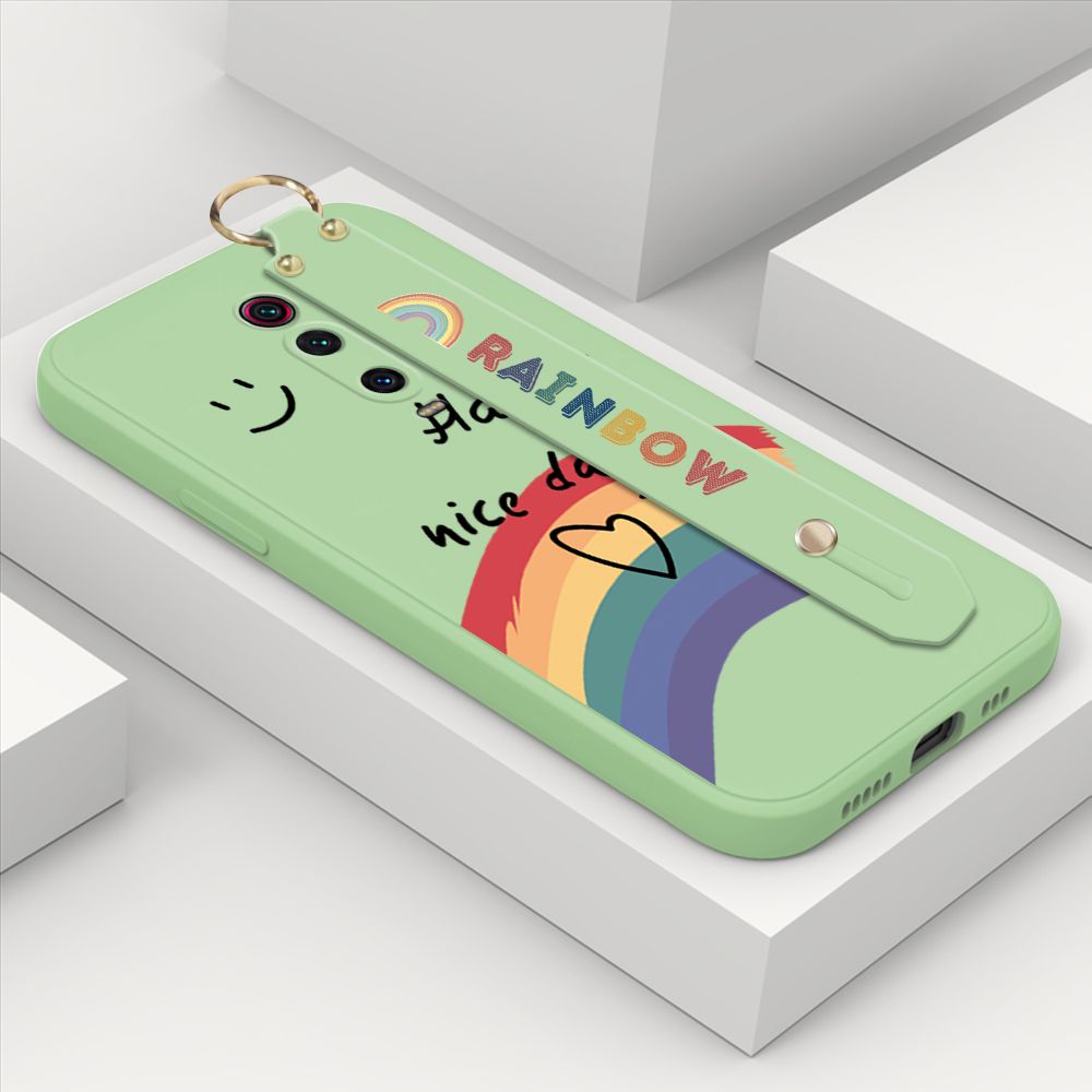 ZeroQiQi for Xiaomi Mi 9T Pro Wrist Strap Case Lovely Graffiti Rainbow Smile Thin Phone Cover Square Edge Liquid Silicone Creativity Phone Case
