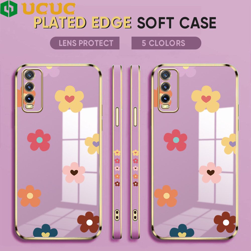 UCUC for VIVO Y12A Y20 Y20i Y20S Y12S Y20 2021 Y20S G Back Cover + Free Lanyard INS Style Flower Luxury 6D Plating Case Side Pattern Soft Silicone Square Phone Cases