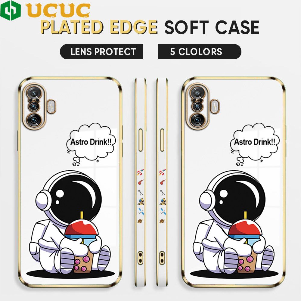 UCUC for Redmi K40 Gaming / Xiaomi Poco F3 GT Back Cover + Free Lanyard Cute Astronaut Luxury 6D Plating Case Side Pattern Soft Silicone Square Phone Cases