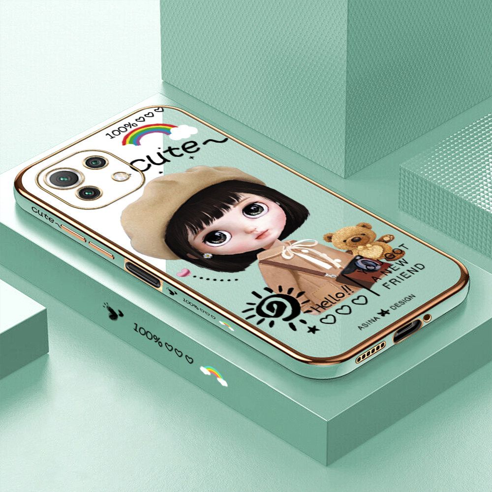 Luxury 6D Plating Soft Casing Silicone Square Frame Phone Case For Xiaomi 11 Lite 5G Case Shiny Bling Back Cover Cute Girl With Shoulder Bag Square Edge Pattern Design Soft Case + Free Lanyard