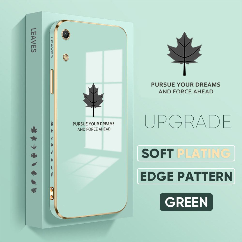Jizetin (Free Lanyard) Huawei Y6 Pro 2019 Luxury 6D Plating Soft Casing Silicone Square Frame Phone Case Shiny Bling Back Cover Maple leaf New design Side Drawing Case