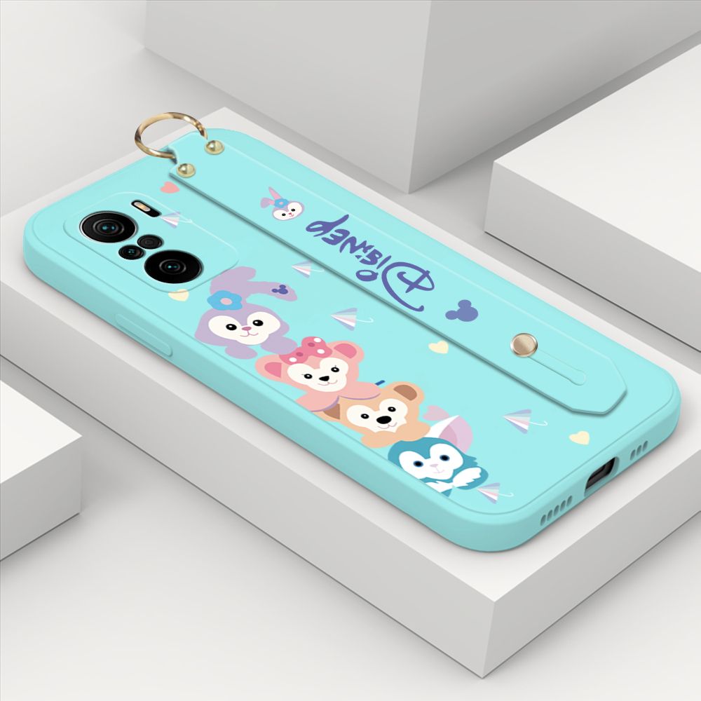 ZeroQiQi for Xiaomi Redmi K40 Wrist Strap Case INS Cute Style Creative Cartoon Rabbit and Fox Cover Thin Square Edge Liquid Silicone Phone Case