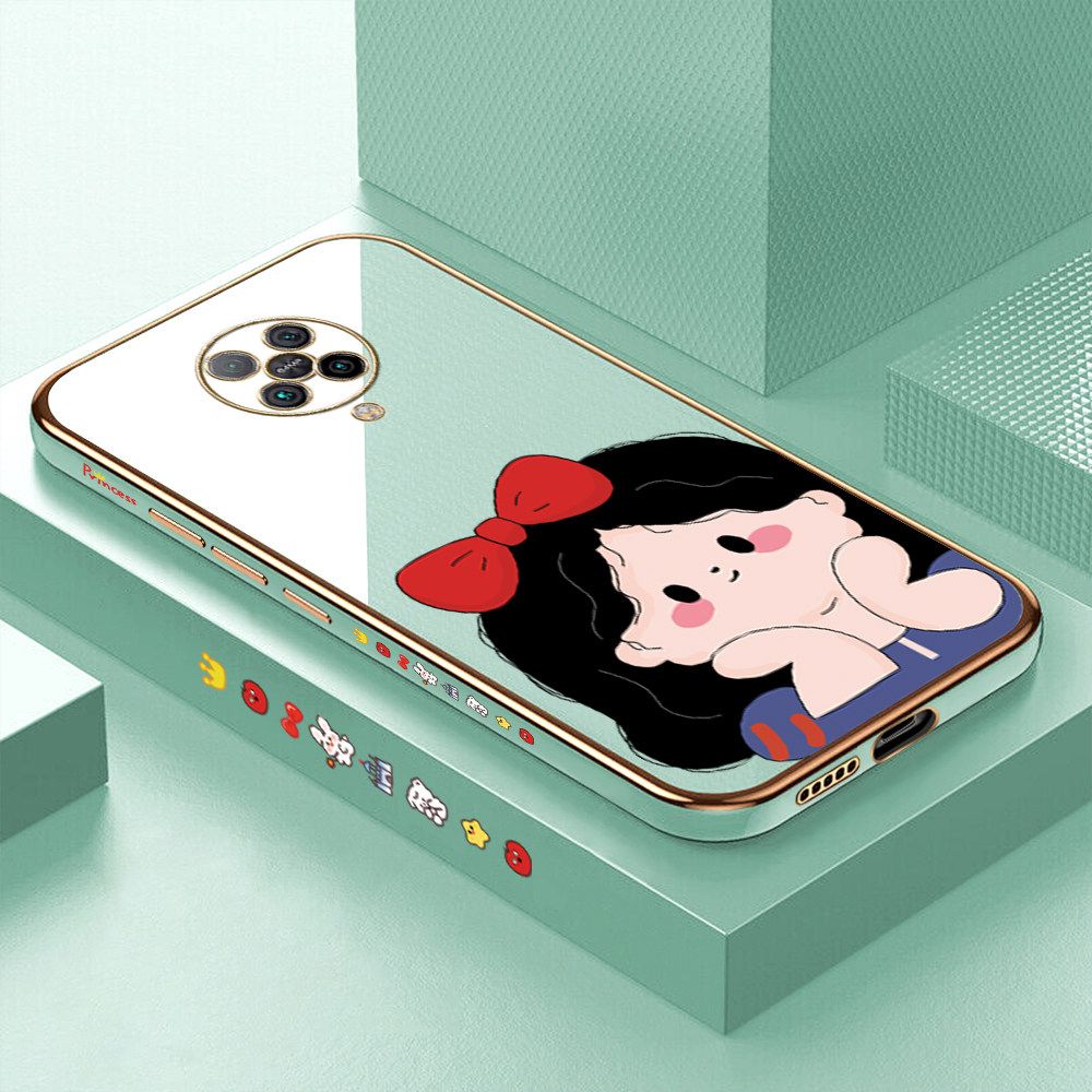 Luxury 6D Plating Soft Casing Silicone Square Frame Phone Case For Xiaomi Poco F2 Pro Case Shiny Bling Back Cover Cartoon Cute Bow Girl Square Edge Pattern Design Soft Case + Free Lanyard