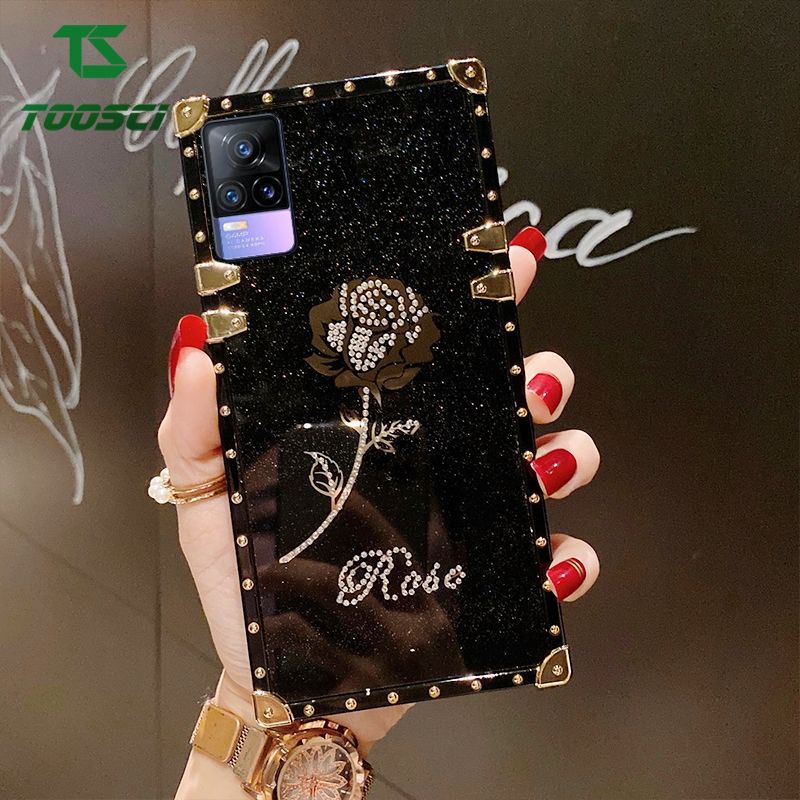 TOOSCI For VIVO V21E 4G Square rose flower phone case with diamond luxury back cover