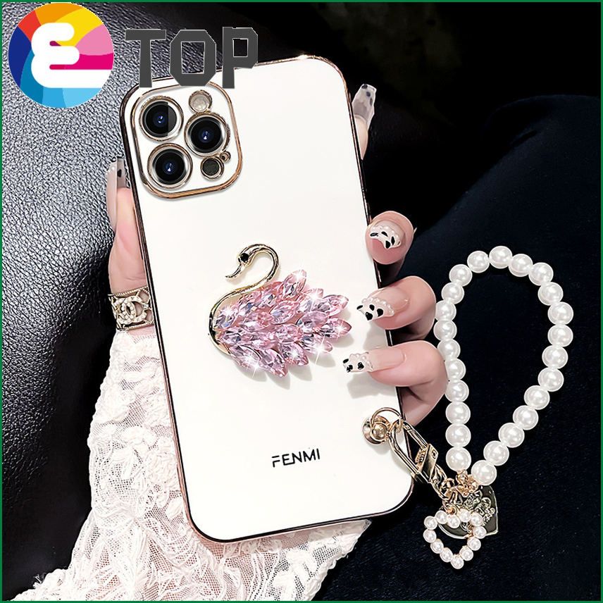 Suitable for Apple 13 mobile phone shell 12promax female models iphone11 silicone crystal swan pearl bracelet lanyard
