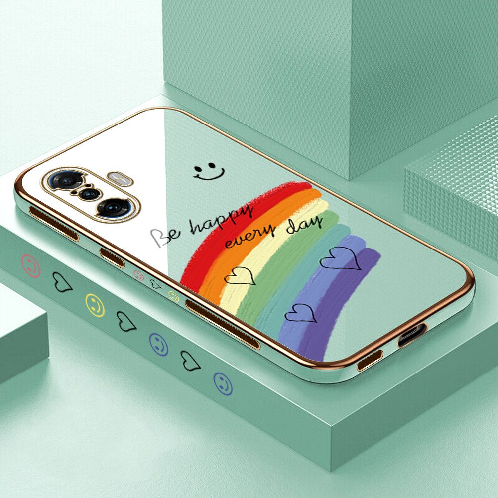 Luxury 6D Plating Case for Redmi K40 Gaming Smile Rainbow Lover Heart Side Pattern Back Cover Soft Silicone Square Frame Shiny Bling Phone Cases + Free Lanyard