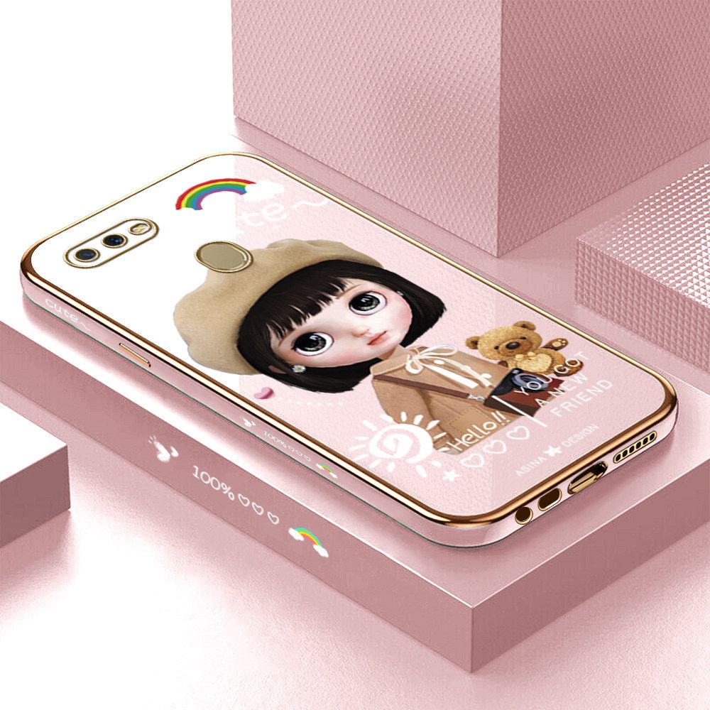 Luxury 6D Plating Soft Casing Silicone Square Frame Phone Case For OPPO A5S Case Shiny Bling Back Cover Cute Girl With Shoulder Bag Square Edge Pattern Design Soft Case + Free Lanyard