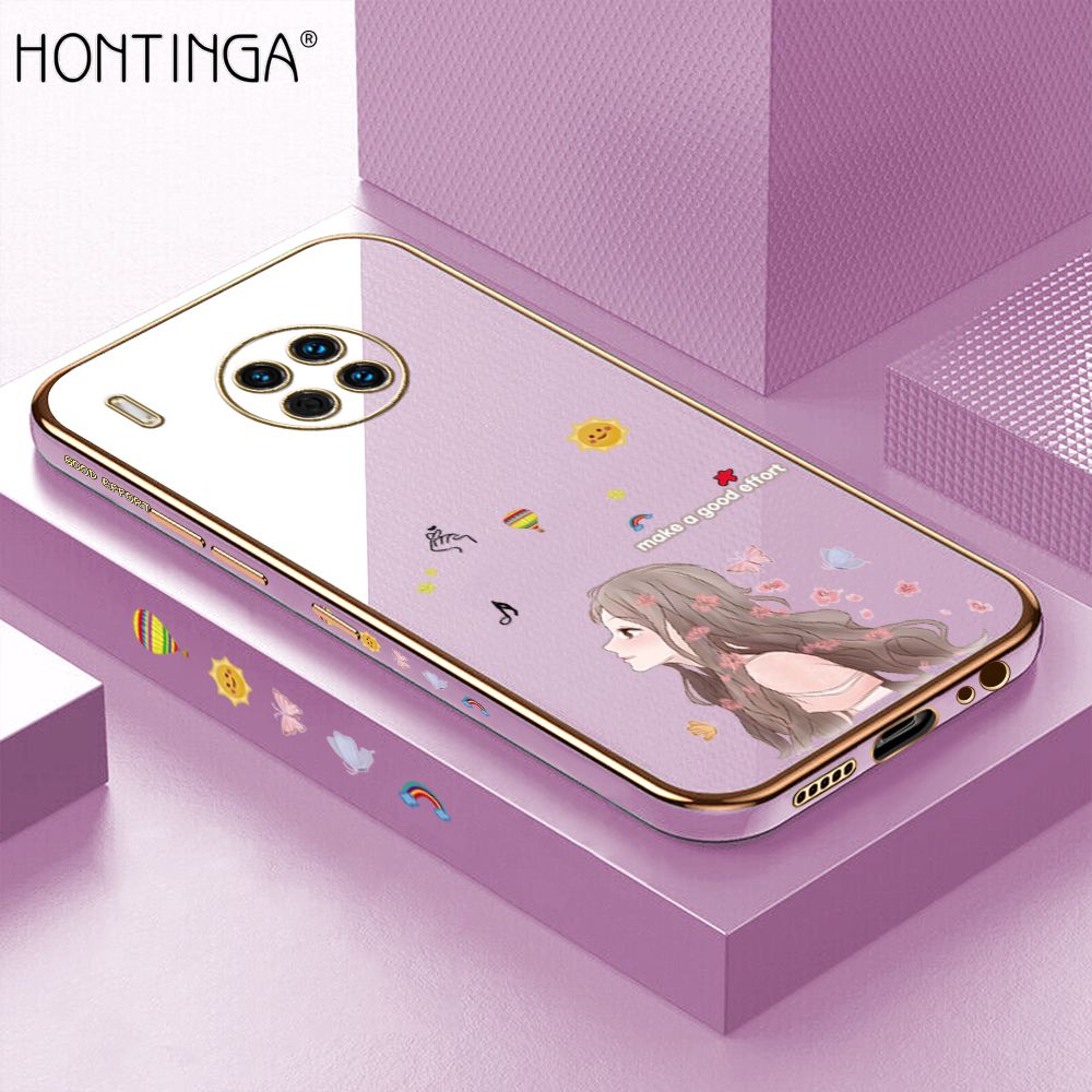 Hontinga for Huawei Mate 30 Back Cover + Free Lanyard Luxury 6D Plating Sunshine Girl Side Pattern Case Soft Silicone Square Phone Cases