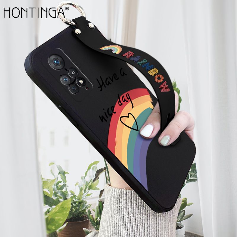 Hontinga for Redmi Note 11 Pro 4G / 5G Back Cover Wrist Strap Lovely Graffiti Rainbow Smile Case Square Printed Pattern Liquid Silicone Phone Cases