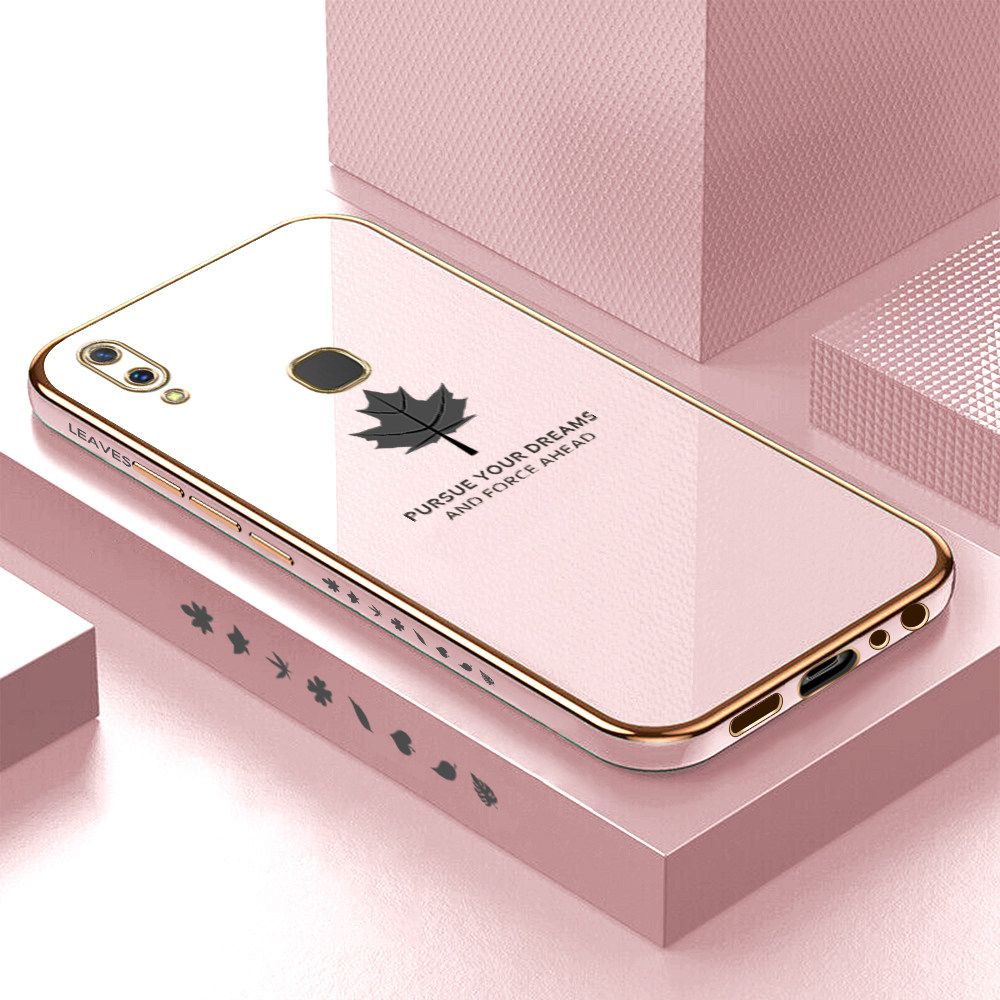 Luxury 6D Plating Soft Casing Silicone Square Frame Phone Case For Vivo V9 Case Shiny Bling Back Cover New Maple Leaf Square Edge Pattern Design Soft Case + Free Lanyard