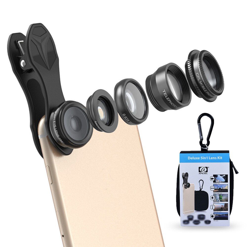 Apexel 5 in 1 HD Phone Camera Lens Kit Universal Clip Fisheye Wide Angle Macro Camera for iPhone Samsung Smartphone Universal