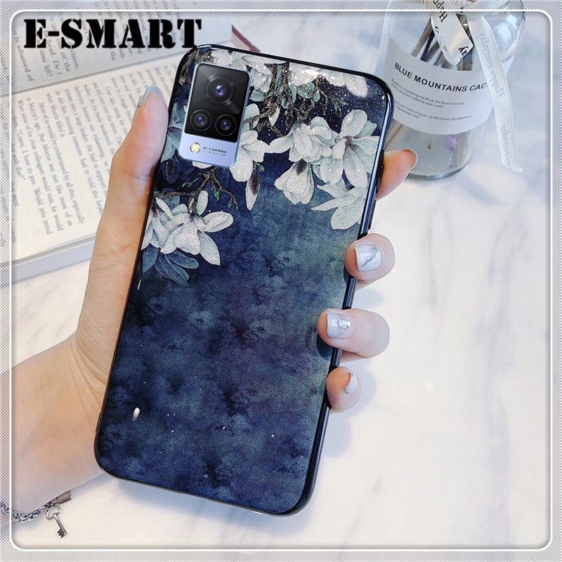 For Vivo V21 Case Flowers Gardenia & Magnolia Bling Glitter Soft Silicone Protector Vivo V21 Back Cover