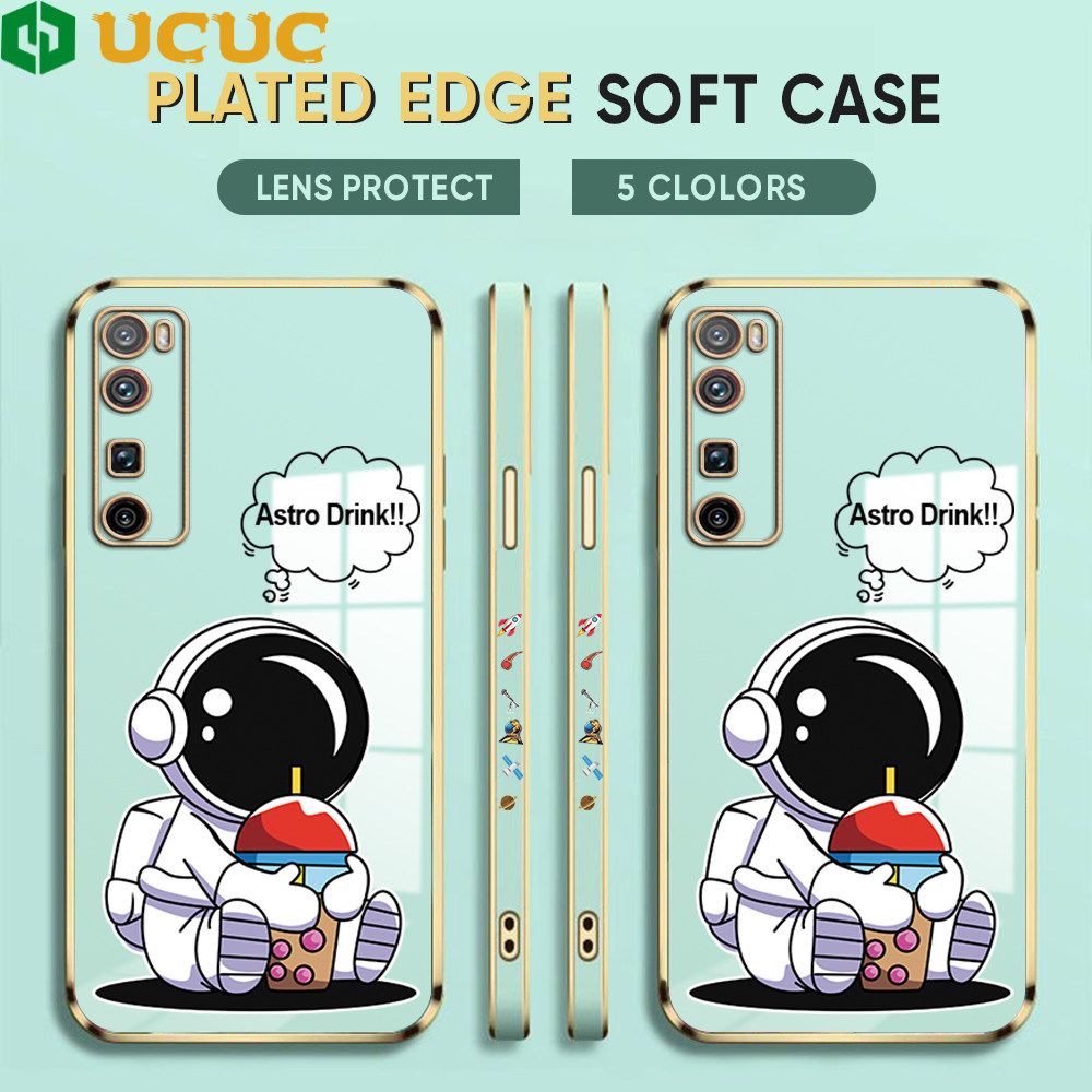 UCUC for Huawei Nova 7 Pro Back Cover + Free Lanyard Cute Astronaut Luxury 6D Plating Case Side Pattern Soft Silicone Square Phone Cases