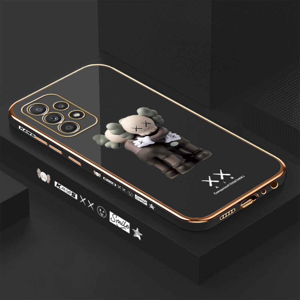Luxury 6D Plating Case for Samsung A52S 5G Cute Cartoon Hugging Bear Side Pattern Back Cover Soft Silicone Square Phone Cases + Free Lanyard