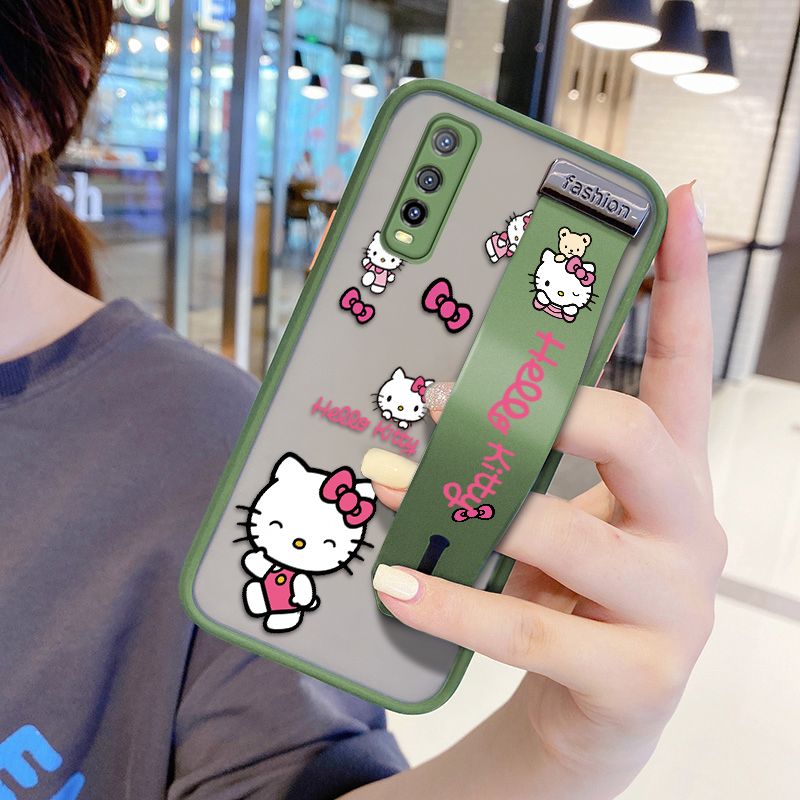 UCUC for Vivo Y70S Wrist Strap Case Lovely KT Cat Wristband Printing Cover Shockproof Ultra Thin Phone Case