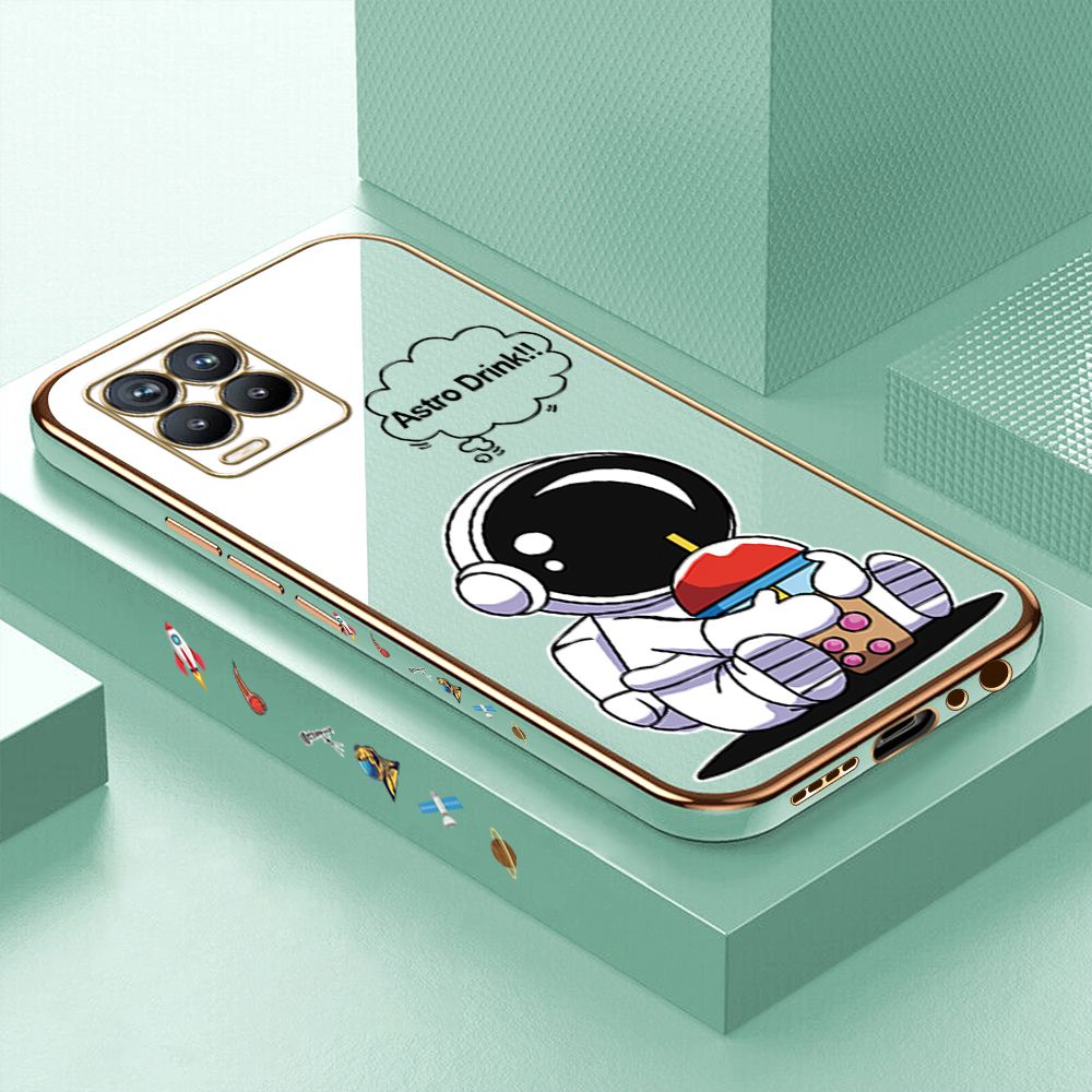 Luxury 6D Plating Case for Realme 8/8 Pro Cute Cartoon Happy Astronaut Side Pattern Back Cover Soft Silicone Square Phone Cases + Free Lanyard