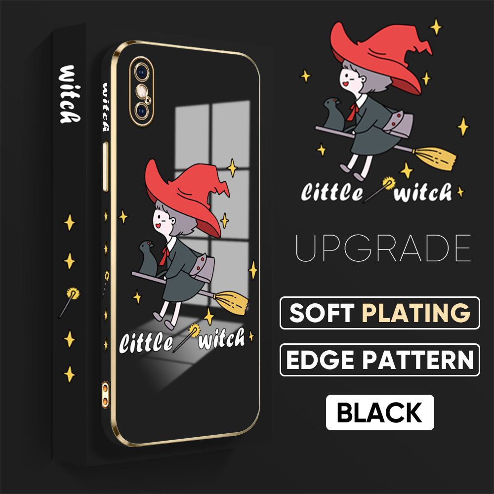 TA for iPhone X XS Back Cover + Free Lanyard Flying Witch for Girls Luxury 6D Plating Case Side Pattern Soft Silicone Square Phone Cases