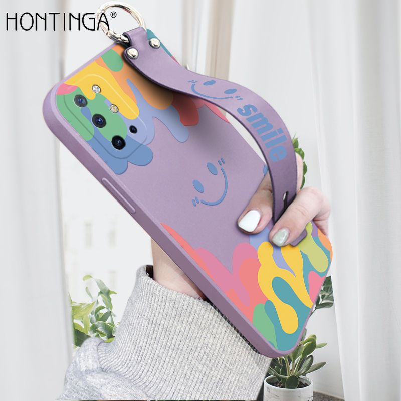 Hontinga for OnePlus 8T Wrist Strap Case Soft Candy Color Splash Ink Cover Trend Square Printed Pattern Liquid Silicone Phone Case