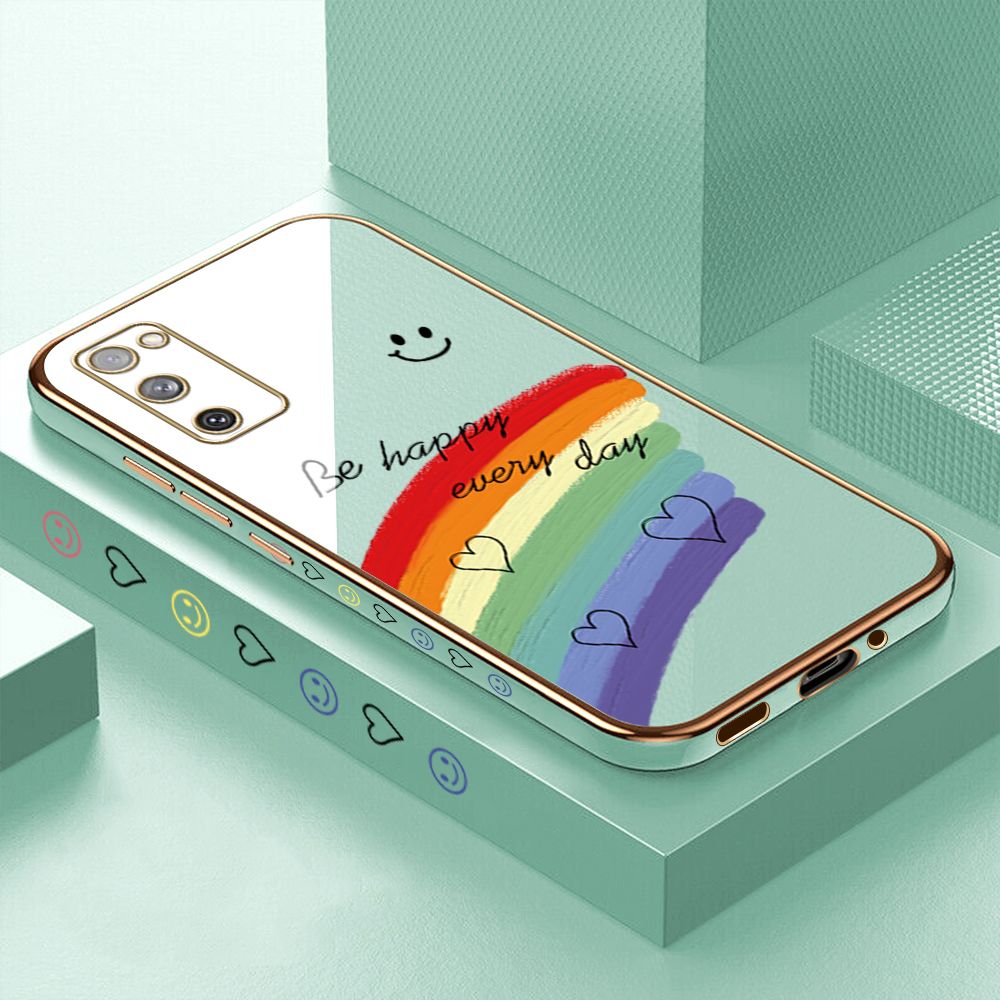 Luxury 6D Plating Case for Samsung S20 FE 5G Smile Rainbow Side Pattern Back Cover Soft Silicone Square Phone Cases + Free Lanyard