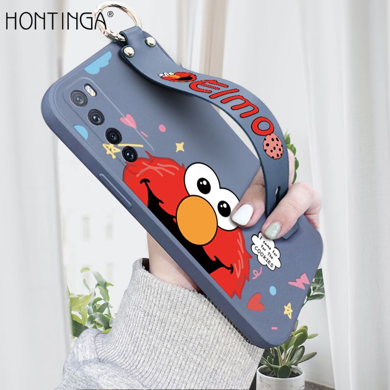 Hontinga for Huawei Nova 7 Wrist Strap Case Cute Cute Cartoon Little Monster Phone Cover Square Edge Liquid Silicone Case Full Cover Camera Shockproof Protective Cases