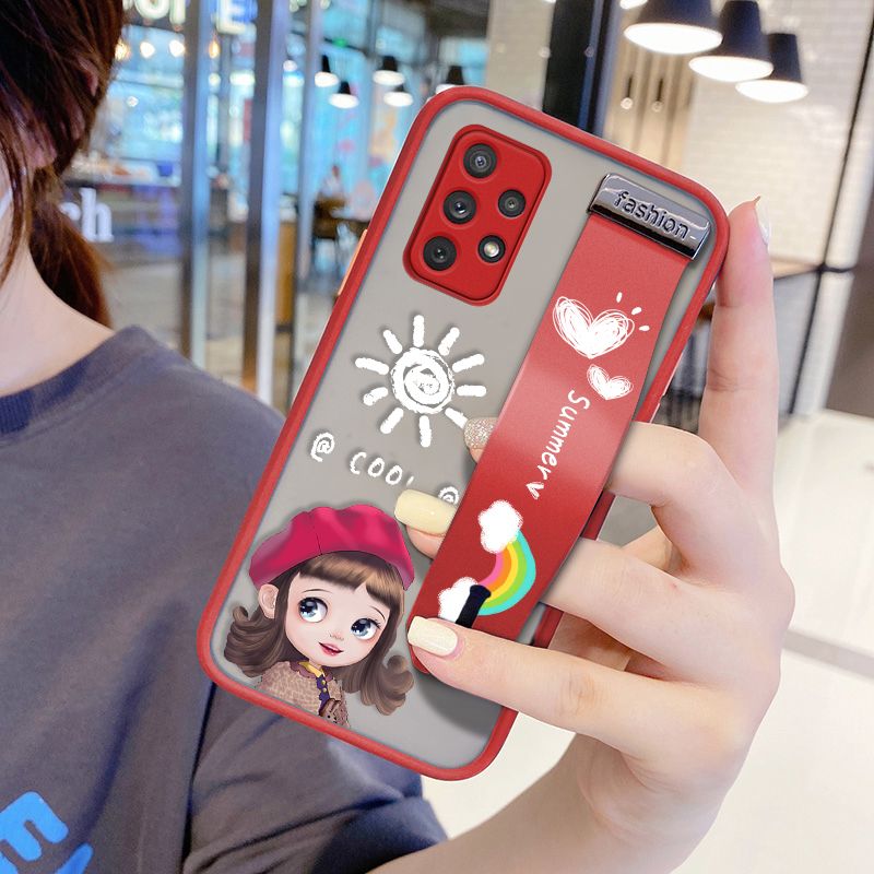 UCUC for Samsung Galaxy A72 Wrist Strap Case Lovely Cartoon Red Hat Girl Wristband Printing Cover Shockproof Frosted Phone Case
